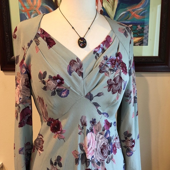 1990's Carole Little Rayon Floral 30's Inspired Pale Green Soft Bias Dress - M - Picture 2 of 12